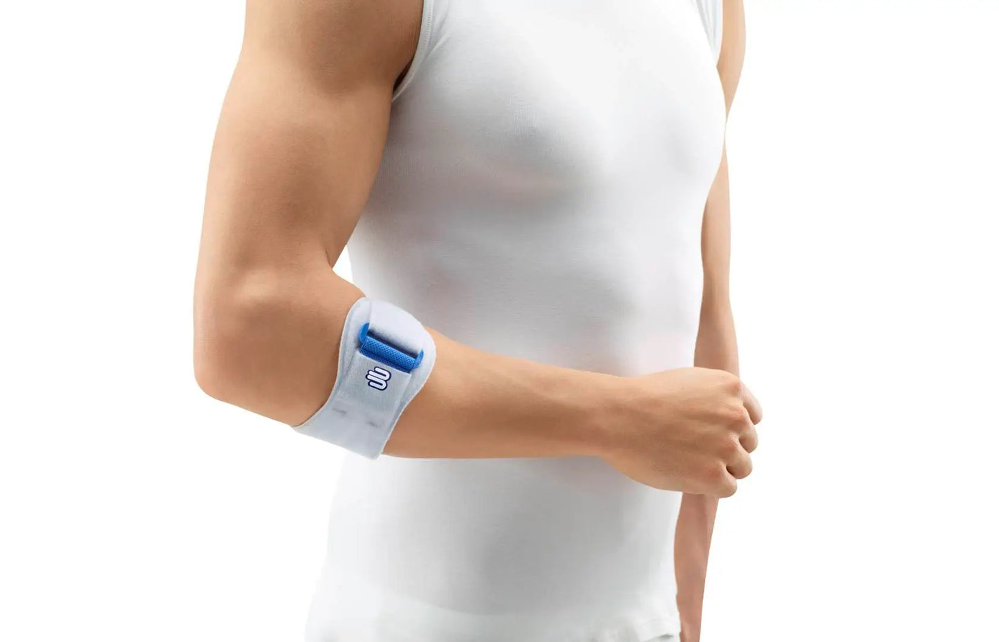 Die Abbildung zeigt die Bauerfeind EpiPoint Bandage, eine gezielt unterstützende Bandage für den Ellenbogen. Sie besteht aus elastischem, atmungsaktivem Material und ist mit einer anatomisch geformten Silikonpelotte ausgestattet, die punktuellen Druck auf die betroffenen Stellen um den Ellenbogen ausübt. Diese gezielte Druckausübung hilft, Schmerzen zu lindern, Schwellungen zu reduzieren und die Heilung bei Erkrankungen wie dem Tennisellenbogen oder dem Golferellenbogen zu fördern.