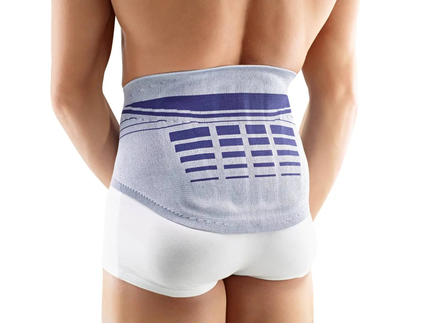 Die Abbildung zeigt die Bauerfeind LumboLoc Bandage, eine orthopädische Rückenbandage zur Stabilisierung und Entlastung der Lendenwirbelsäule. Sie besteht aus leichtem, atmungsaktivem Material und ist mit integrierten Verstärkungselementen ausgestattet, die für eine gezielte Unterstützung des unteren Rückens sorgen. Die Bandage passt sich anatomisch an die Körperform an und hilft, Schmerzen zu lindern und die Haltung zu verbessern.
