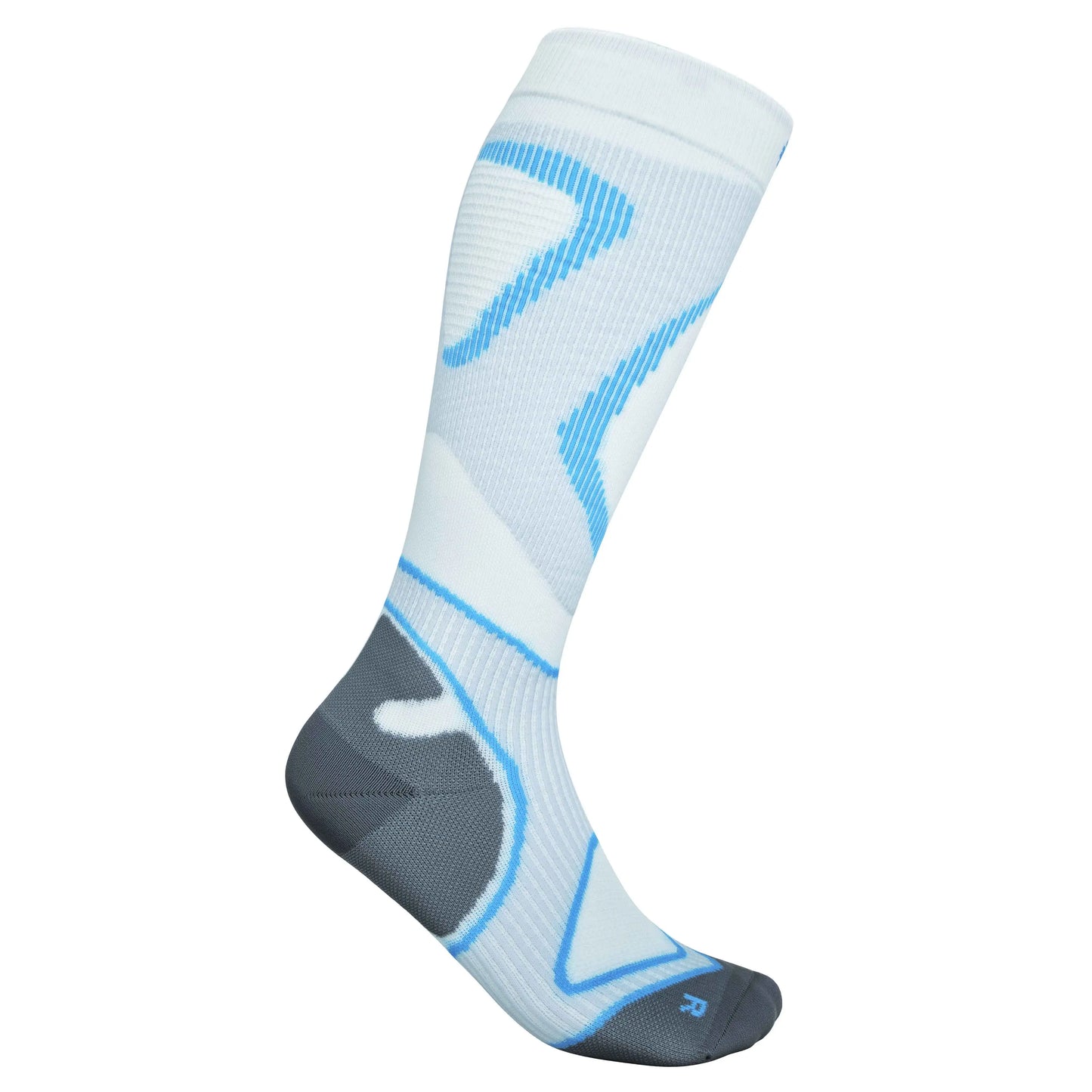 Das Bild zeigt die Bauerfeind Run Performance Compression Socks, lange, sportliche Kompressionsstrümpfe in einem modernen Design. Die Strümpfe reichen bis unter das Knie und sind speziell für Läufer und sportliche Aktivitäten entwickelt. Die Kompressionszonen unterstützen gezielt die Wadenmuskulatur, fördern die Blutzirkulation und reduzieren Muskelvibrationen während des Laufens.