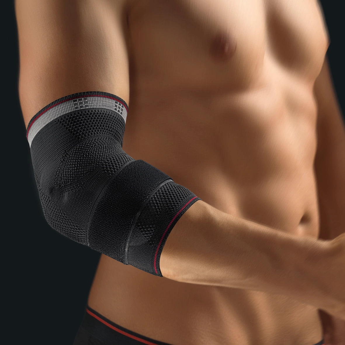 Die Abbildung zeigt die Bort Select EpiPlus Bandage, eine hochwertige Bandage zur gezielten Entlastung und Stabilisierung des Ellenbogengelenks. Sie besteht aus elastischem, atmungsaktivem Material und ist mit zwei speziellen Silikonpelotten ausgestattet, die gezielten Druck auf die Sehnenansätze am Ellenbogen ausüben.