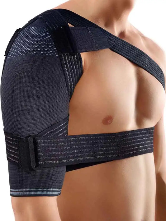 Die Abbildung zeigt die Bort OmoTex Bandage, eine stützende Schulterbandage zur Stabilisierung und Entlastung des Schultergelenks. Sie besteht aus atmungsaktivem, elastischem Material, das eine angenehme Kompression bietet, um Schmerzen zu lindern. Die Bandage passt sich der Anatomie der Schulter optimal an und ist mit Klettverschlüssen ausgestattet, die eine individuelle Anpassung und sicheren Halt ermöglichen.