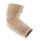 Die Abbildung zeigt die Bauerfeind EpiTrain Bandage, eine elastische Bandage zur Unterstützung des Ellenbogengelenks. Sie besteht aus atmungsaktivem, hautfreundlichem Material und bietet eine gezielte Kompression durch integrierte Silikonpelotten, die sanften Druck auf den Ellenbogen ausüben. Diese Funktion hilft, Schmerzen zu lindern, Schwellungen zu reduzieren und die Heilung bei Beschwerden wie dem Tennisellenbogen oder dem Golferellenbogen zu fördern.