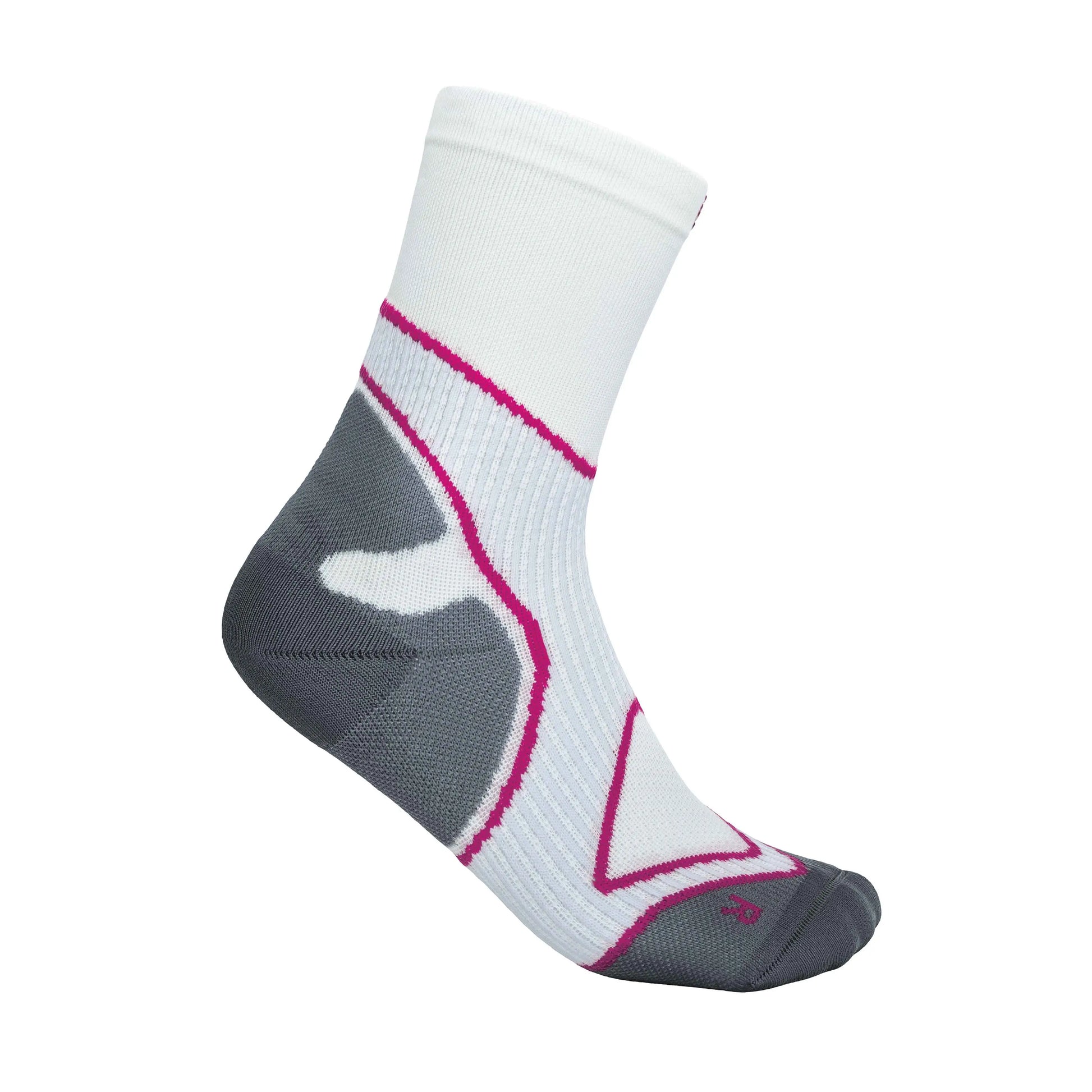 Das Bild zeigt die Bauerfeind Run Performance Mid Cut Socks, sportliche, mittelhohe Kompressionssocken. Die Socken reichen bis knapp über den Knöchel und sind für Läufer entwickelt, um während des Trainings optimalen Halt und Unterstützung zu bieten. Der Fussbereich ist gepolstert, besonders an den Zehen und der Ferse, um Druckstellen und Blasenbildung zu verhindern.