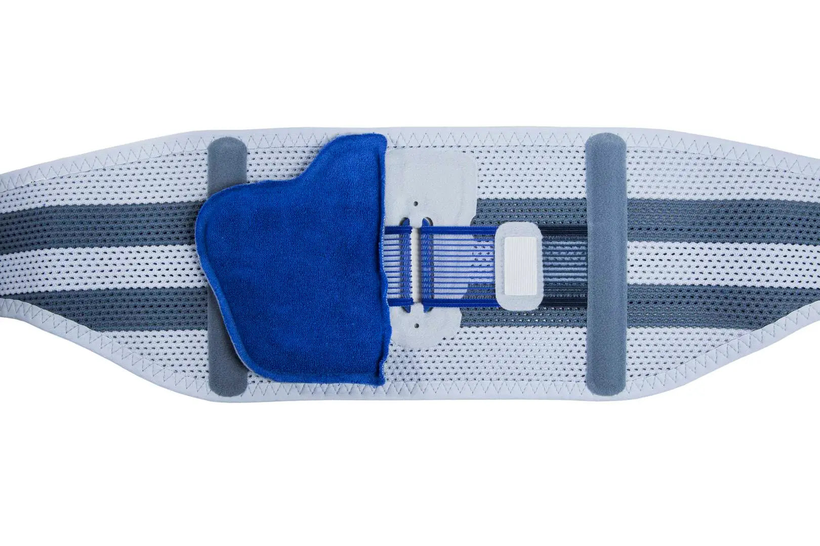 Die Abbildung zeigt die Bauerfeind SacroLoc Bandage, eine spezielle Orthese zur Stabilisierung und Entlastung des Iliosakralgelenks (ISG). Sie besteht aus robustem, aber dennoch atmungsaktivem Material und ist mit zwei anatomisch geformten Pelotten ausgestattet, die gezielten Druck auf das ISG ausüben, um Schmerzen zu lindern und die Stabilität zu erhöhen.