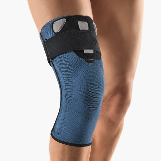 Die Abbildung zeigt die Bort Generation Plus Bandage, eine unterstützende Bandage für das Kniegelenk. Sie besteht aus elastischem, hautfreundlichem Material und bietet eine anatomische Passform für hohen Tragekomfort.