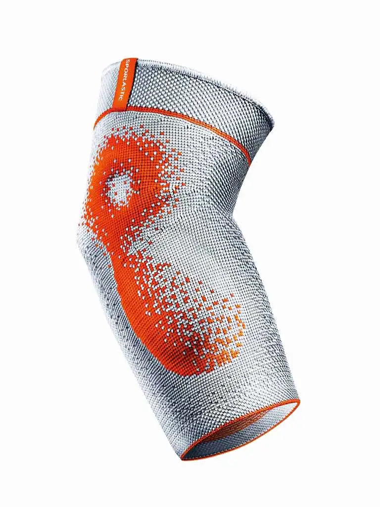 Die Abbildung zeigt die Sporlastic Epidyn Supreme Bandage, eine hochwertige Bandage zur umfassenden Unterstützung des Ellenbogengelenks. Sie besteht aus elastischem, atmungsaktivem Material und bietet gezielte Stabilisierung durch integrierte Silikonpelotten, die sanften Druck auf den Ellenbogen ausüben, um Schmerzen zu lindern und Schwellungen zu reduzieren.